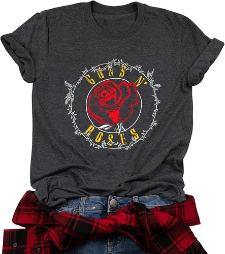 Camiseta de manga corta con estampado gráfico de rosas para mujer, camiseta vintage de música rock, divertida con letras impresas