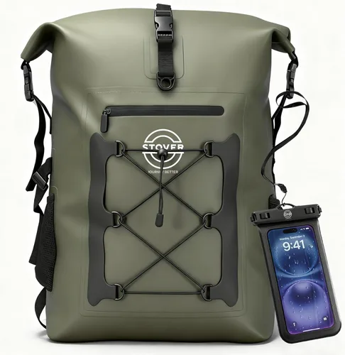 STOVER 5/10/25/30/40/55L Waterproof Dry Bag- Roll-Top Backpack w/Phone Case- Kayaking, Hiking, Camping, Boating- Men/Women 55L Verde (con funda para