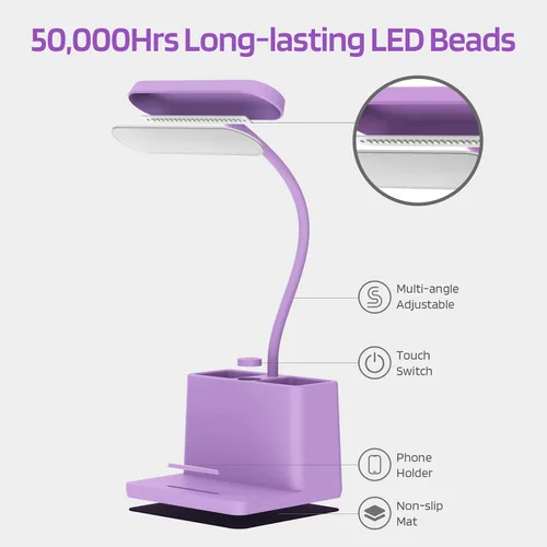 Miniatura 5 de AXX Bonita lámpara de escritorio morada, luz de mesa de estudio recargable para oficina en casa, pequeña, funciona con pilas, LED, cuello de cisne
