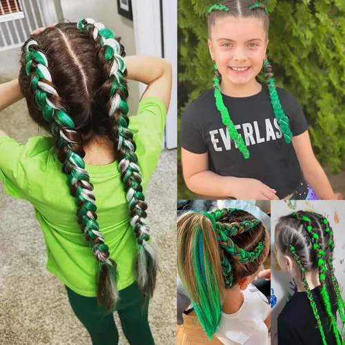 Miniatura 8 de Extensiones de cabello para trenzar verde+verde claro, preestiradas, 2 paquetes, con cabello plumoso pre-trenzado, extensiones de cabello