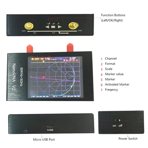 Miniatura 3 de NanoVNA V2 2.8 '' 3G SAA2 Analizador de red vectorial 10KHz ~ 3GHz onda corta HF VHF UHF Antena Duplexor Filtro Aluminio Shell Baterry VSWR Fase