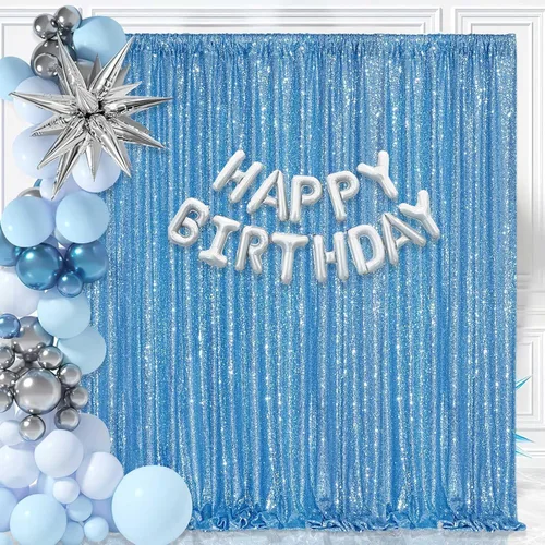 Miniatura 5 de Cortina de fondo de lentejuelas color azul bebé, 7 x 7 pies, fondo de fotos con purpurina para bodas, baby shower, fiestas, decoración de escenario