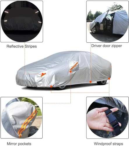 Miniatura 3 de Kayme Fundas impermeables para automóvil para todo tipo de clima, protección contra la lluvia y el sol y los rayos UV, con bolsillo para espejo