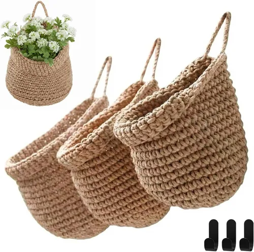 Miniatura 9 de Honeydak Cestas colgantes de pared bohemias para cocina, paquete de 3 cestas de lágrima con ganchos, almacenamiento de frutas, cebollas, verduras
