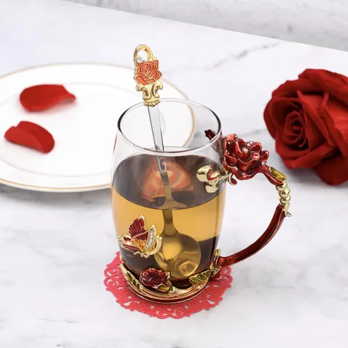 Miniatura 4 de Tazas de café de cristal - Taza de té de mariposa y flor con cuchara y caja, regalos personalizados para mamá, mujeres, esposa y novias (11 onzas)