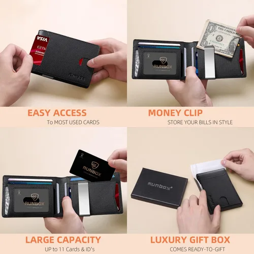 Miniatura 50 de RUNBOX - Carteras delgadas para hombre, cartera de piel con pinza para el dinero, cartera de bolsillo frontal con bloqueo RFID, tarjetero
