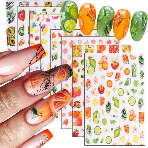 Miniatura 10 de 6 hojas de calcomanías de arte de uñas de flores de verano 3D, calcomanías autoadhesivas para uñas, diseño de arte blanco, amarillo, azul, negro