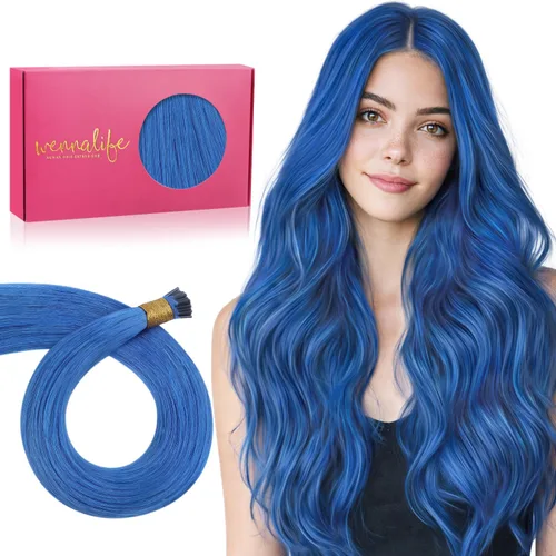 WENNALIFE I Tip - Extensiones de cabello humano, 0.88 oz, 25 s, 14 pulgadas, extensiones de cabello humano Remy azul Itip invisibles, puntas Itips