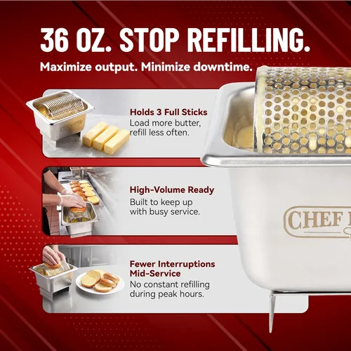 Miniatura 4 de Chef Master - Dispensador de rodillos de mantequilla de acero inoxidable para panes y pan, con capacidad para 3 varillas (36 onzas), rueda apta