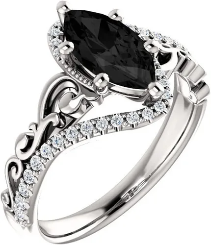 Miniatura 3 de Anillo de compromiso de marquesa de 1 CT de color negro, anillo de ónix negro marquesa de voluta, anillo de diamantes negros marquesa victoriana