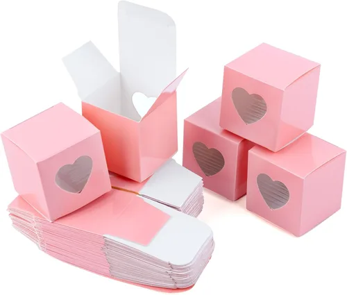 Miniatura 11 de AUEAR, Paquete de 50 cajas de regalo Kraft con ventana de corazón de plástico transparente de 2 x 2 x 2 pulgadas, regalo gris para pasteles, dulces