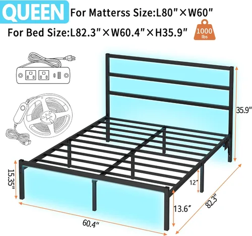 Miniatura 2 de CLIBFENG - Base de cama Queen con cabecera, listones de acero resistentes de apoyo - Base de cama LED con estación de carga USB, fundamento