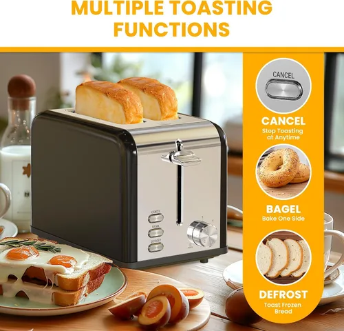 Miniatura 3 de Simple Deluxe Tostadora de 2 rebanadas, 6 ajustes de tostado y tostadora de acero inoxidable de 3 funciones, ranura extra ancha y bandeja extraíble