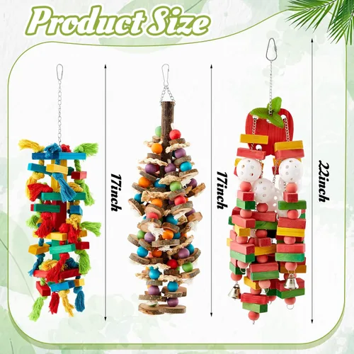 Miniatura 2 de Seenelling 3 piezas de juguete extra grande de loro de madera natural multicolor jaula de loro masticar juguetes para guacamayos grandes medianos