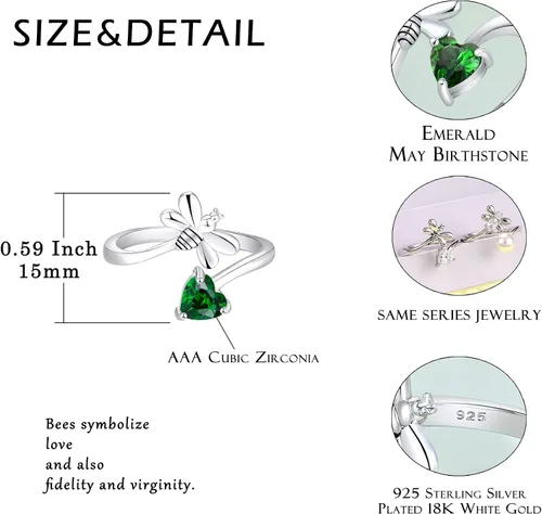 Miniatura 5 de FJ Anillo abierto de plata de ley para mujer, con piedra natal (anillo ajustable)