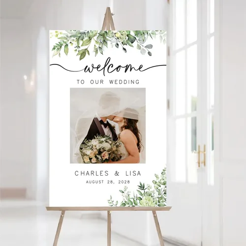 Miniatura 20 de Letrero personalizado de bienvenida de eucalipto a nuestra boda, letreros de bienvenida de boda con soporte, letrero de boda al aire libre, soportes