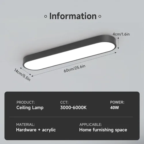 Miniatura 4 de Lámpara de techo lineal de 23.6 pulgadas, LED moderna de 40 W, lámpara de techo simple negra, iluminación de techo de perfil bajo para dormitorio