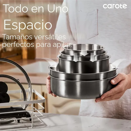 Miniatura 7 de CAROTE Juego de ollas y sartenes, juego de utensilios de cocina de acero inoxidable, mango desmontable, 15 piezas de utensilios de cocina