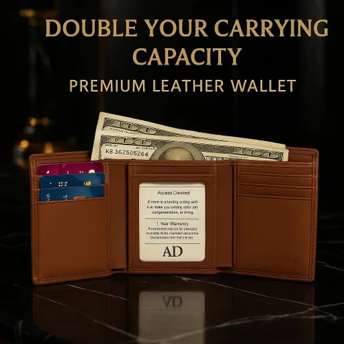 Miniatura 24 de Billetera de triple pliegue con RFID, cuero genuino, delgado, con ventana de identificación, bolsillo frontal, regalo para hombre