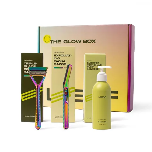 La Caja de Resplandor - Incluye Afeitadora de Hoja Prisma, Dermaplaner Prisma, 175mL de Aceite de Afeitar