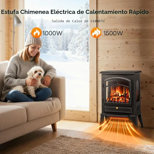Miniatura 2 de ZAFRO Estufa de chimenea eléctrica, calentador eléctrico de calefacción rápida de 5100 BTU con brillo de llama ajustable, termostato de 1000 W/1500