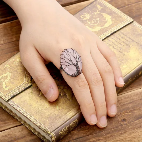Miniatura 3 de Top Plaza Anillo Ajustable de Banda de Bronce Hecho a Mano Retro Vintage de Alambre de Cobre Envuelto Árbol de la Vida Piedra Preciosa de Cristal