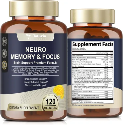 Totaria Suplementos cerebrales para memoria y enfoque, salud cerebral con L-tirosina, Alpha GPC, Ginkgo Biloba, Bacopa Monnieri, apoyo cognitivo