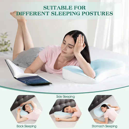 Miniatura 2 de Almohada cervical para soporte de cuello y hombros, almohadas ergonómicas de contorno de espuma viscoelástica con doble altura ajustable y funda Azul