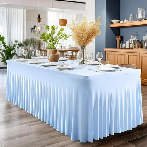 Miniatura 7 de Paquete de 2 manteles color azul bebé para mesa rectangular de 4 pies, manteles de elastano elásticos de 4 pies, falda blanca rectangular para baby