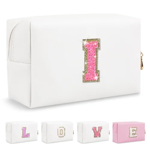 Miniatura 429 de Pequeña bolsa de maquillaje personalizada con inicial A-Z Preppy Patch, bolsa de cosméticos de viaje de felpilla blanca con cremallera, bonita bolsa