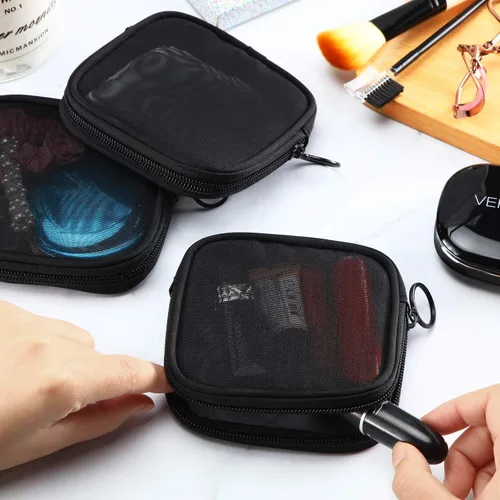 Miniatura 5 de Weewooday 4 piezas de malla para maquillaje, bolsa de cosméticos de malla, bolsa de aseo de viaje con cremallera, mini bolsa de cosméticos de Negro