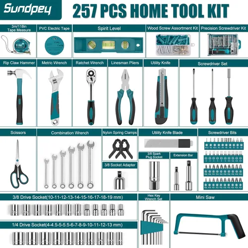 Miniatura 2 de Sundpey Home Tool Kit 257-PCs - Juego de herramientas de reparación básica para el hogar para hombres y mujeres - Juego de herramientas de mecánico