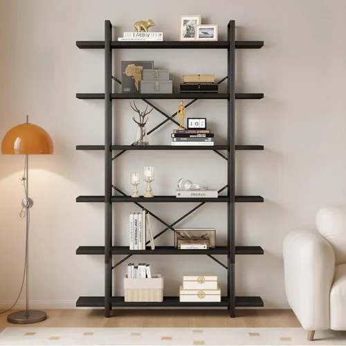 Miniatura 16 de HSH Estantería negra de 5 niveles de alto, estante de almacenamiento de madera y metal, estantería industrial moderna Etagere de 5 estantes, estante