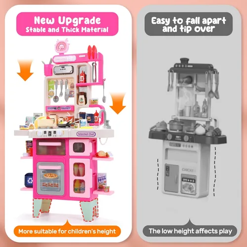 Miniatura 5 de CUTE STONE Juego de cocina para niños, juego de cocina con sonido y luz, estufa de cocina con vapor, fregadero de juguete, juguete de comida y Rosa