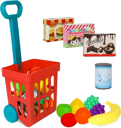 Playkidz Juego de carrito de compras de juguete, juguetes de plástico para alimentos, juego interactivo, recursos de aprendizaje y diversión de