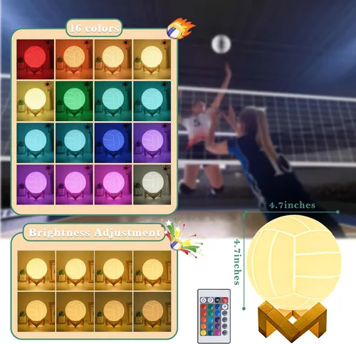 Miniatura 6 de Mydhall - Luz nocturna 3D de voleibol con control remoto, lámpara de mesa de 16 colores, regalos para papá, hombres, niños y fanáticos