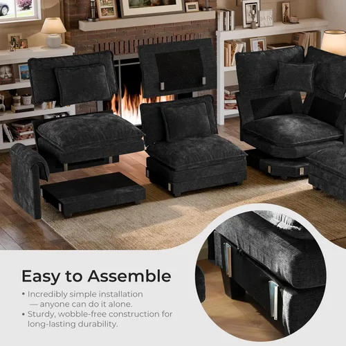 Miniatura 9 de ELUCHANG Sofá modular de gran tamaño de 79 pulgadas, cómodo sofá en forma de nube para sala de estar, sofá en forma de L con otomana, sofá de Negro