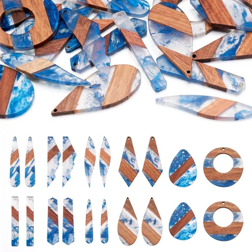 Miniatura 8 de Beadthoven - Dijes de madera de resina para bricolaje, colgantes de aretes de lágrima multicolor, triángulo, círculo redondo, rombo, barra