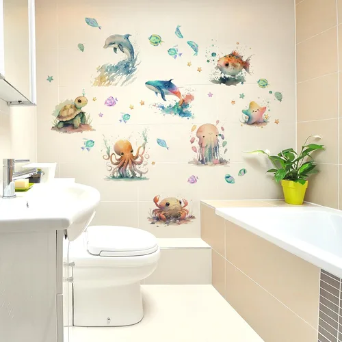 Miniatura 3 de Runtoo Calcomanías de pared bajo el mar, diseño de tortuga, medusas, vida marina, subacuática, para baño, bebé, guardería, niños, decoración de pared