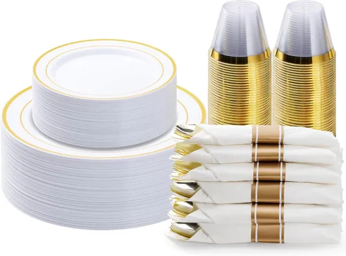 Miniatura 9 de BESTVIP - Juego de vajilla de plástico dorado transparente de 350 piezas para 50 invitados, plato desechable para fiestas de Navidad y Año Nuevo
