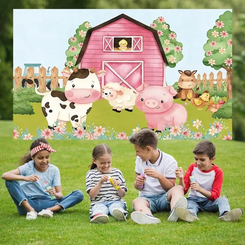 Miniatura 2 de Fondo de dibujos animados de 5 x 3 pies para fiesta de animales de granja, granero rosa, baby shower, cumpleaños, fotografía, fondo, tierras