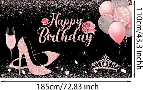 Miniatura 2 de Sumind Decoración de pancarta de feliz cumpleaños, fondo de cumpleaños negro y rosa, 6 x 3.6 pies, oro rosa y negro, decoraciones de fiesta