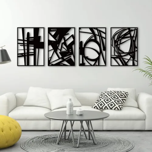 Glamativity Paquete de 4 arte de pared de metal abstracto negro, decoración minimalista de una sola línea, esculturas de pared de metal texturizado