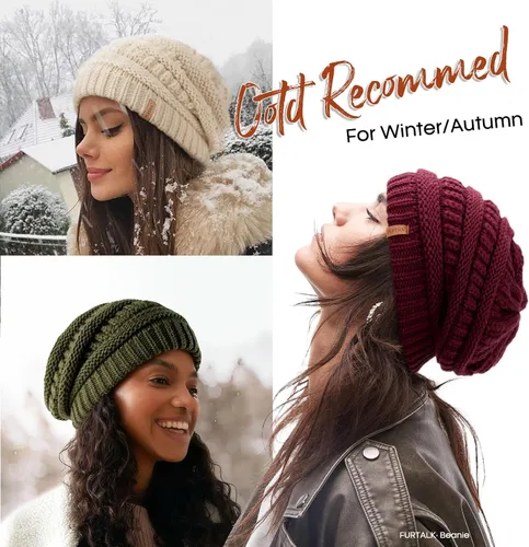 Miniatura 58 de FURTALK Gorro de invierno para mujer, con forro de satén, tejido trenzado, grueso, holgado, gorro cálido