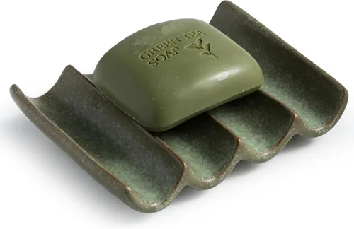 Jabonera de cerámica drenante, diseño estriado, soporte para jabón de barra para ducha y baño, elevación de esponja ahorradora de jabón, color verde