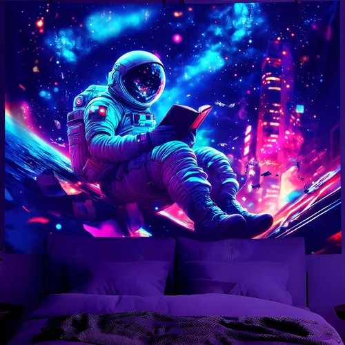 Miniatura 32 de BVBOX Tapiz de astronauta espacial con luz negra, reactivo a los rayos UV, galaxia, planeta que brilla en la oscuridad, póster de luz negra, arte