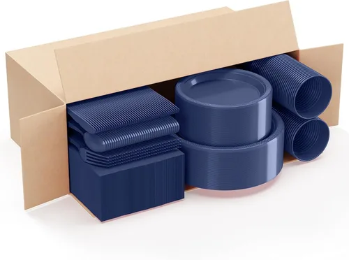 Miniatura 3 de 350 platos de plástico azul marino para fiestas, juego de platos desechables azul marino, 50 de cada juego de platos llanos de 9 pulgadas, platos