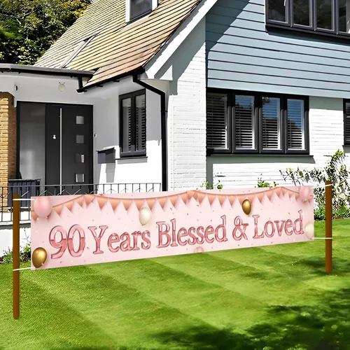 Miniatura 3 de Labakita Cartel de 90 años bendecidos y amados, pancarta grande de feliz cumpleaños 90, decoraciones de cumpleaños de mamá abuela 90 años, pancarta