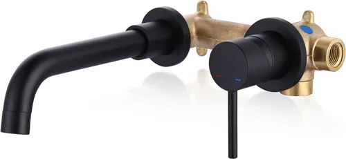 ARCORA Grifo de baño de montaje en pared, negro mate, grifo de lavabo de baño de una sola manija montado en la pared, válvula empotrada incluida