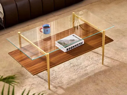 Miniatura 14 de Shrine - Mesa de café rectangular, diseño moderno de mediados de siglo, estructura de 2 niveles, parte superior de vidrio ámbar y estante de MDF
